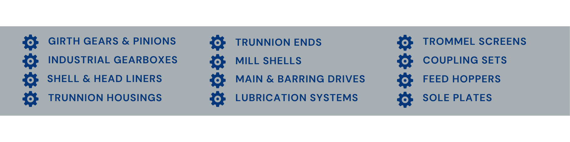 Girth Gears & Pinions<br />
Industrial Gearboxes<br />
Shell & Head Liners<br />
Main & Barring Drives<br />
Trunnion Housings<br />
Lubrication Systems<br />
Trommel Screens<br />
Coupling Sets<br />
Trunnion Ends<br />
Feed Hoppers<br />
Sole Plates<br />
Mill Shells