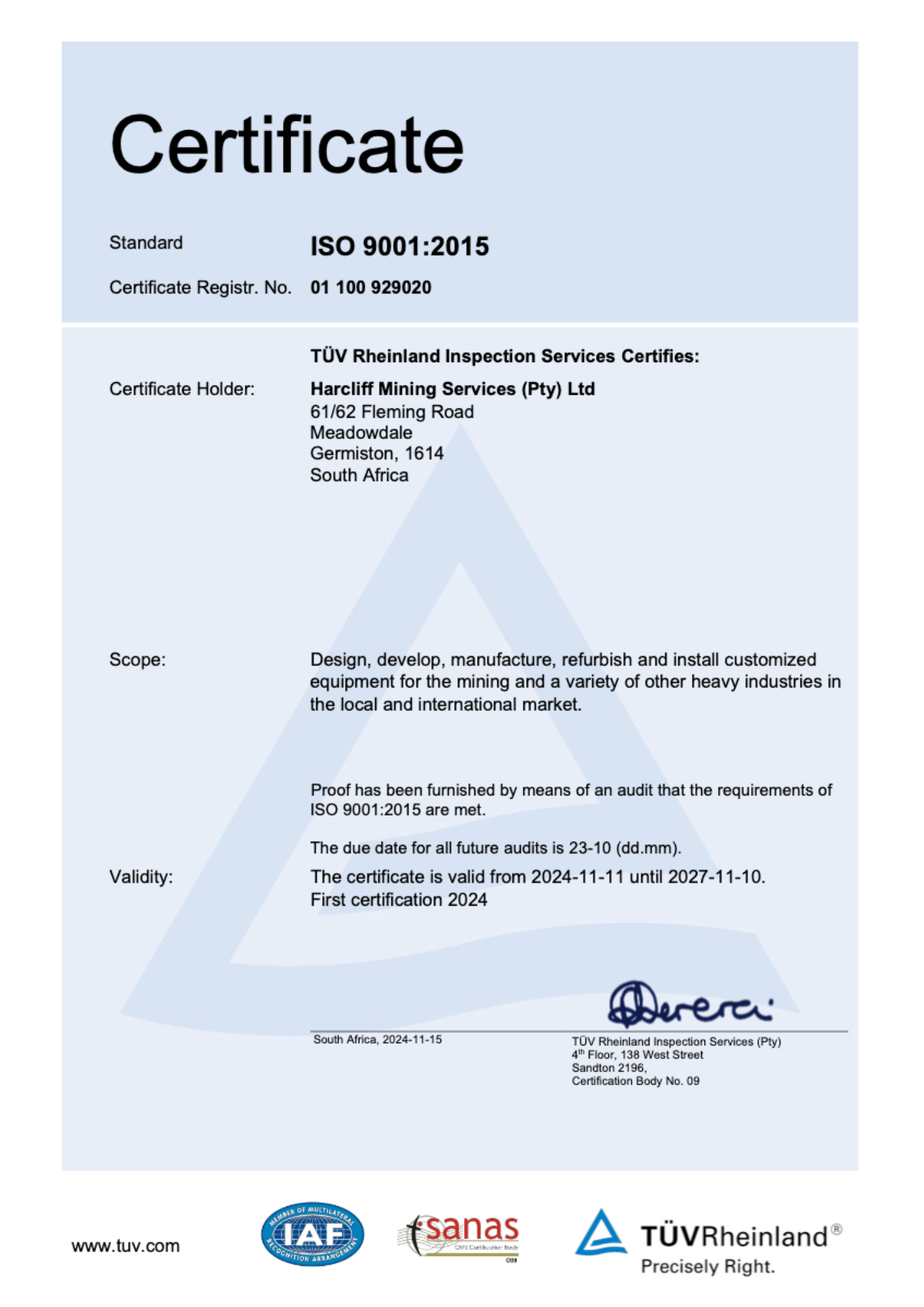Harcliff_ISO 9001:2015 Certificate